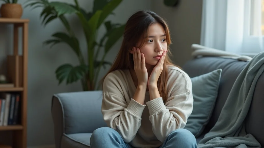Thoughtful adult reflecting quietly on their thoughts and behaviours during addiction recovery, depicted in a calm, softly lit home environment as part of cognitive-behavioural therapy