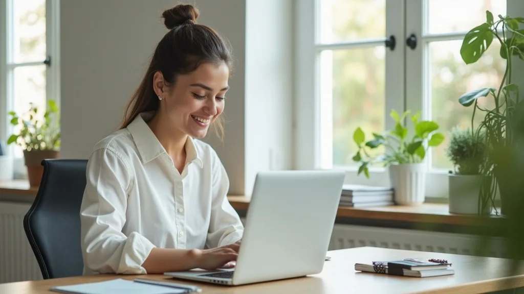 Resourceful individual searching for mental health and law firm support regarding bankruptcy shame healing in a bright, tidy home office