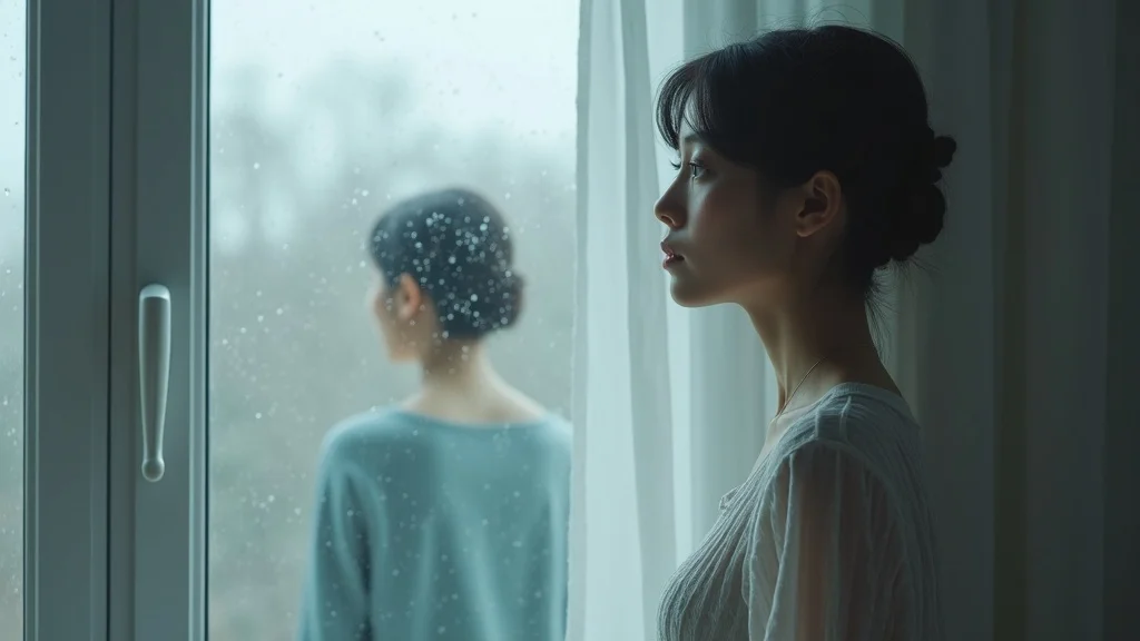 patterns that lead to feeling lonely in a relationship - Reflective partner at window, another turned away in background, soft rain, gentle pastel colours, natural home light