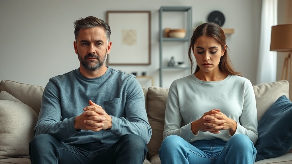 A somber couple sitting apart on a living room couch, both with downcast expressions, hands resting tensely. Infidelity counselling and mental health recovery concept.