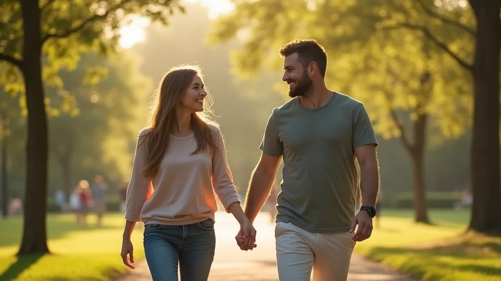 Happy couple walking outdoors after couples therapy, content, holding hands, sunlit park, photorealistic, relaxed connection.