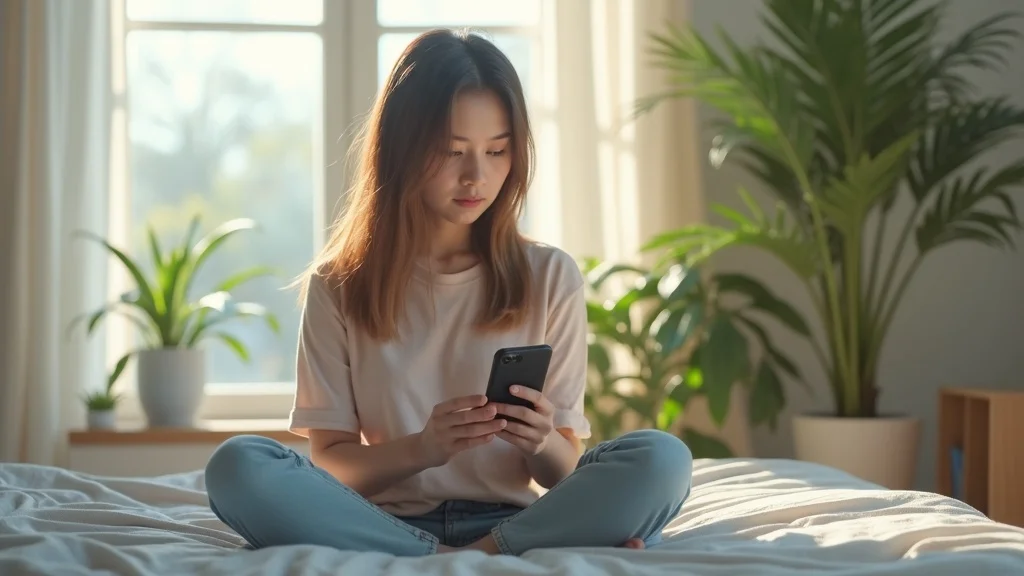 Thoughtful young woman scrolling Instagram — pensive, neutral expression, seated cross-legged with phone in hand, styled as Photorealistic set in a softly lit modern bedroom, featuring sunlight streaming through the window and indoor plants, rendered with crisp depth of field, skin texture detail, and high realism, emphasized with calming pastel blues and greens, under natural morning lighting, captured as if shot with an 85mm lens.