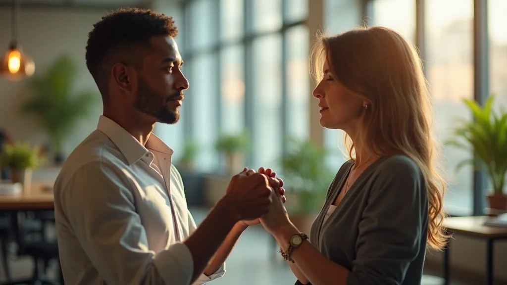Empathetic workplace scene supporting a colleague with imposter syndrome in a modern open-plan office under gentle afternoon lighting