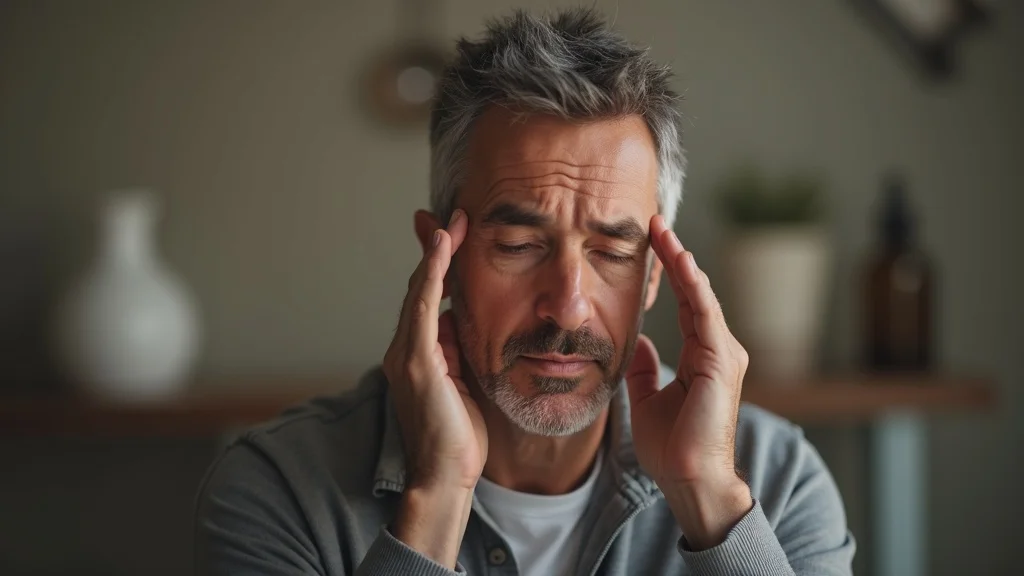 Middle-aged man calmly demonstrating EFT tapping on the eyebrow point in a softly lit home therapy setting, focusing on emotional freedom.
