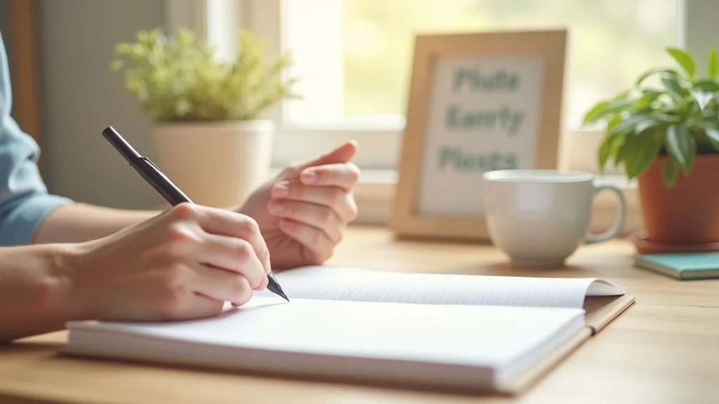 Person journaling and planning to overcome imposter syndrome, bright workspace, focus on growth objects and natural morning sunlight