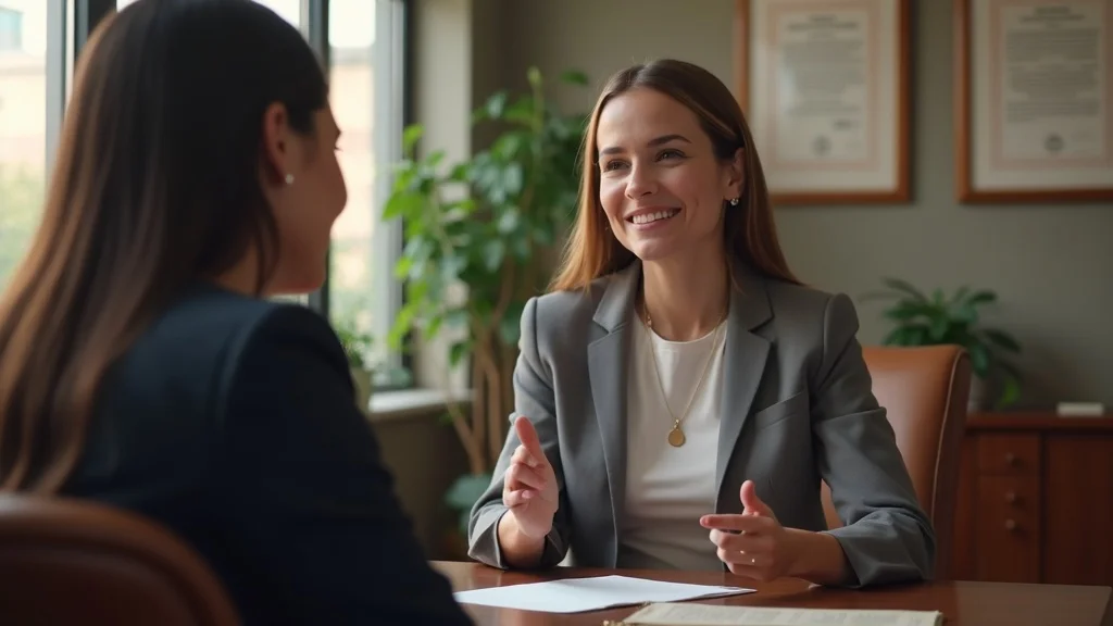 Professional yet compassionate law firm consultant discussing bankruptcy shame healing with a client in an inviting office