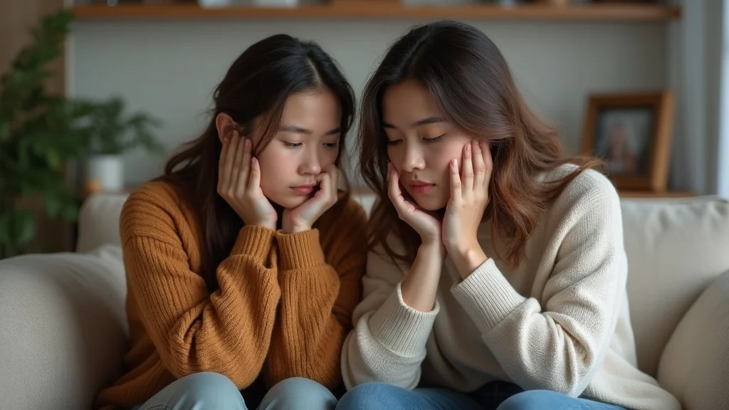 Couple pausing to reflect in therapy after disagreement, neutral expressions, hands resting, textured living room, soft daylight, photorealistic.