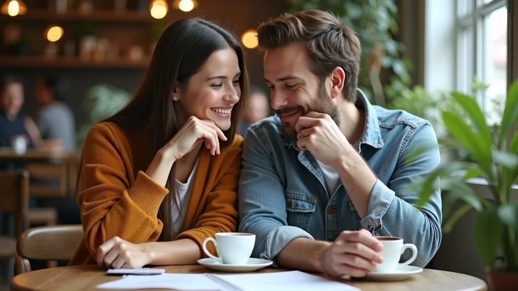 Bright, hopeful engaged couple reviewing a premarital counselling workbook together at a trendy urban coffee shop, reflecting on their shared future.