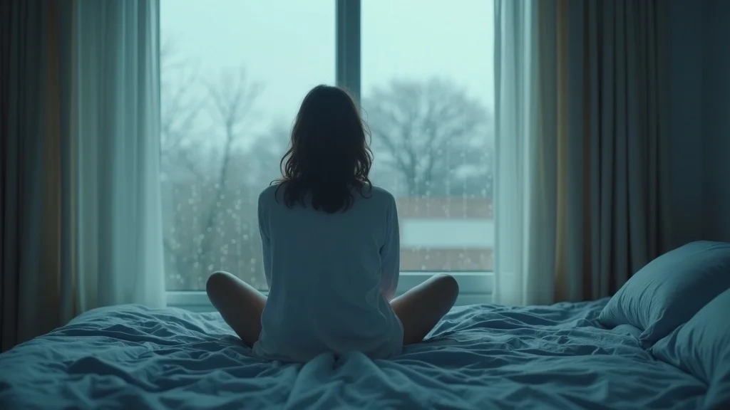 mental health and emotional loneliness in relationships - Introspective person sitting on bed, gazing quietly out window with gentle sadness, cool colours, soft daylight