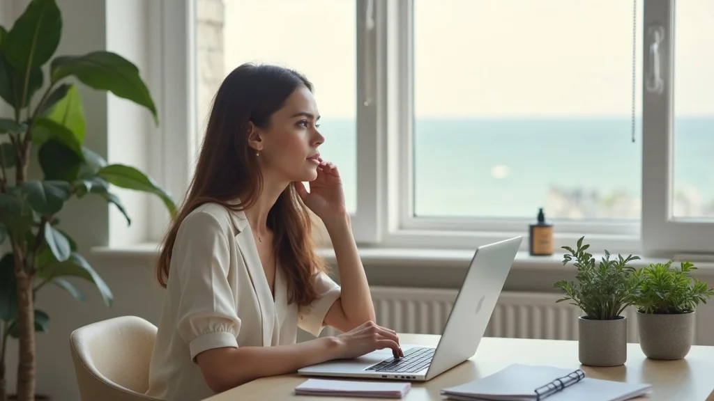Confident Brighton female breadwinner at work – modern apartment, thoughtful, reflecting professional success, subtle seaside view, work-life balance.