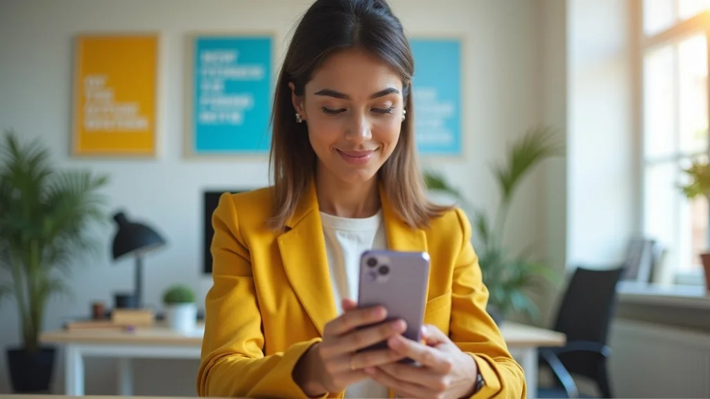 Confident young woman changing her Instagram settings on a smartphone — focused, determined expression, upright posture, styled as Photorealistic set in a bright workspace with motivational posters in background minus any visible text, featuring hand on phone and intentional body language, rendered with high clarity, precise detail in device and hands, with an uplifting color palette of blues and yellows, under soft daylight from window, captured as if shot with a 50mm lens.