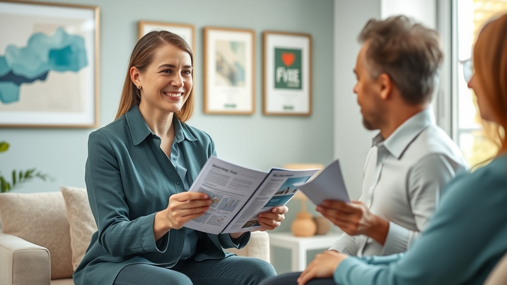trauma-informed therapist explaining relationship counselling to UK couple in private office