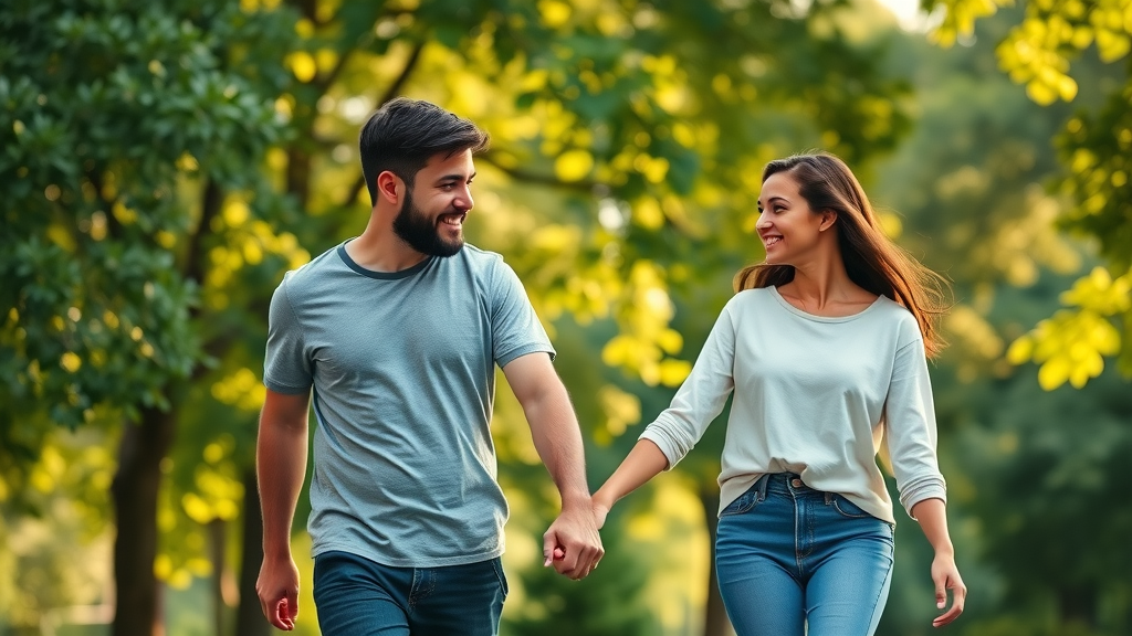 Content, united couple holding hands, walking together in a serene park. Healing after infidelity with counselling.