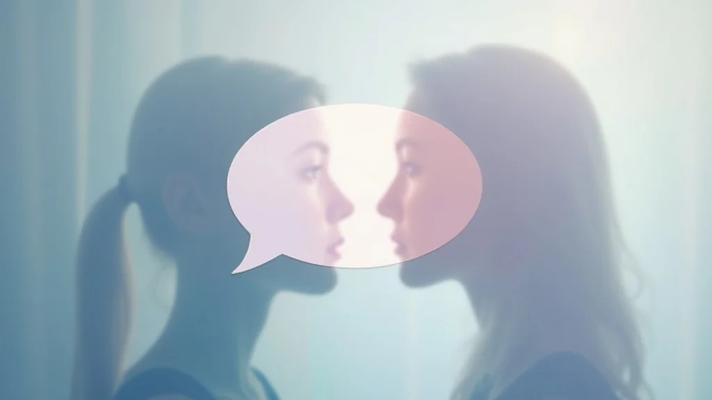 Visual representation of neurodiverse couple communication with two different speech bubbles showing literal and complex styles, neutral and serene interiors