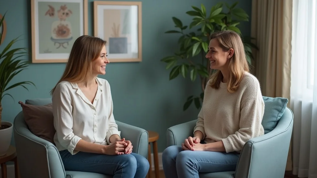 female entrepreneur anxiety - Empathetic counsellor and female client attentive, seated in comfortable Brighton therapy room with art and greenery