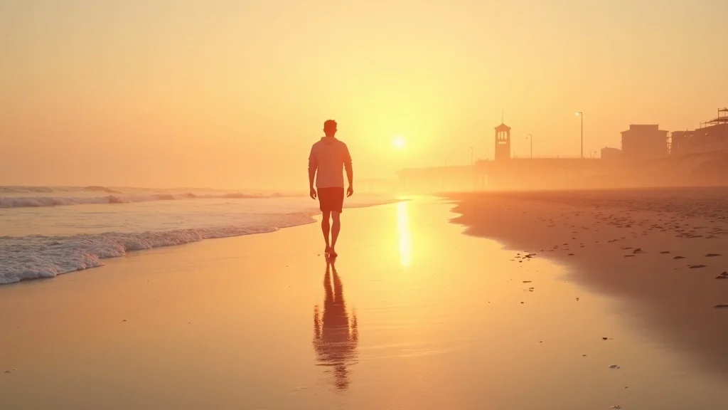 Person walking on Brighton beach at sunrise, peaceful solitude, soft golden light