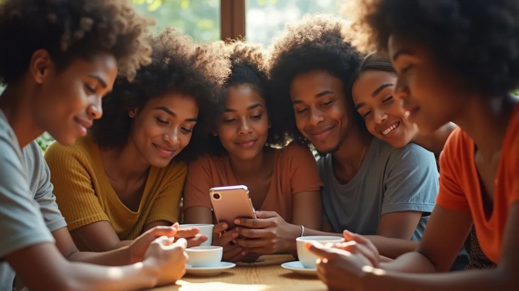 Close-up of group of diverse friends at a cafe, all glancing at one phone — mixed expressions (curiosity, envy, indifference), styled as Photorealistic set at a sunlit wooden table with coffee cups, featuring gentle hand movements and group body language, rendered with subtle natural skin tones and hair textures, color accent on the phone screen, under soft indoor daylight, captured as if shot with a 35mm lens.