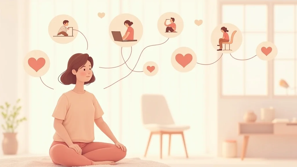 Conceptual illustration of the cognitive-behavioural therapy process, showing a calm adult figure surrounded by gentle, flowing lines connecting thoughts, feelings, and behaviours in a mindful home environment