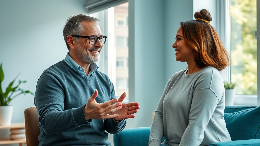 friendly professional therapist welcoming a neurodiverse couple for couples counselling neurodiversity, counseling office environment with a calm, expert atmosphere