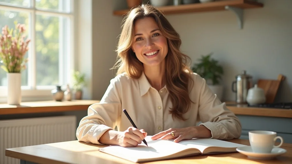 Middle-aged woman journaling about perimenopause support at a kitchen table, capturing her menopause symptoms and preparing for a supportive discussion with her partner.
