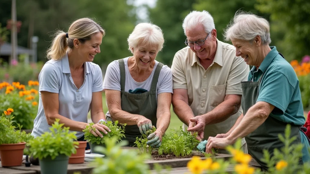 Brighton community garden—older adults socialising, gardening, teamwork, new hobbies, personal growth, empty nest syndrome support