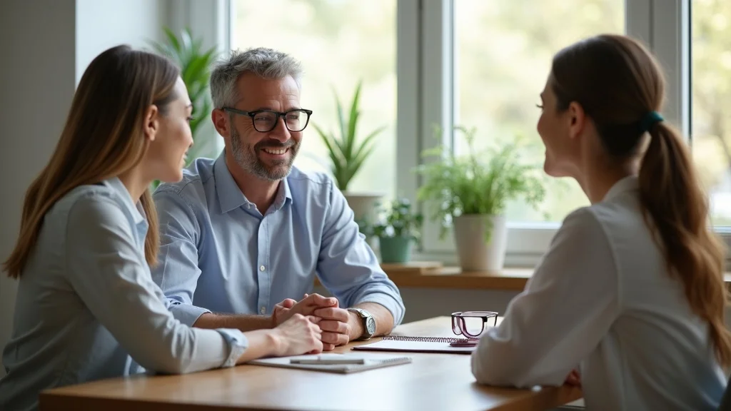 Therapist guiding a couple through couples infidelity recovery—subtle warmth, engagement, and emotional care in a UK therapy setting