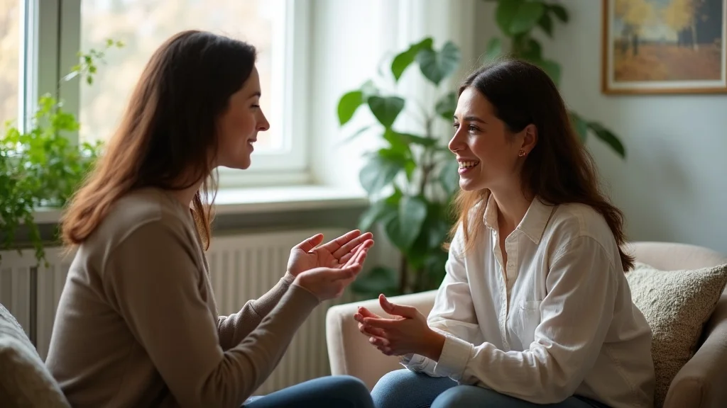 Couple in therapy engaging in empathetic listening, photorealistic soft-lit room, expressive hand gestures, warm greens and neutrals.