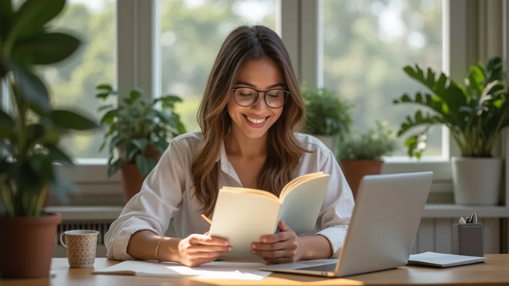 Curious woman reading a book on wellness and making notes at her tidy home office desk with a cup of tea and leafy plants, learning about emotional freedom technique.