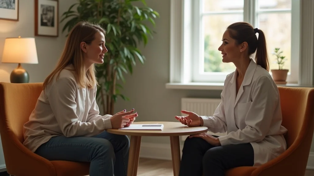 Comfortable therapy room illustrating a gentle, attentive cognitive-behavioural therapy session for addiction recovery, showing a therapist and client in relaxed mid-conversation