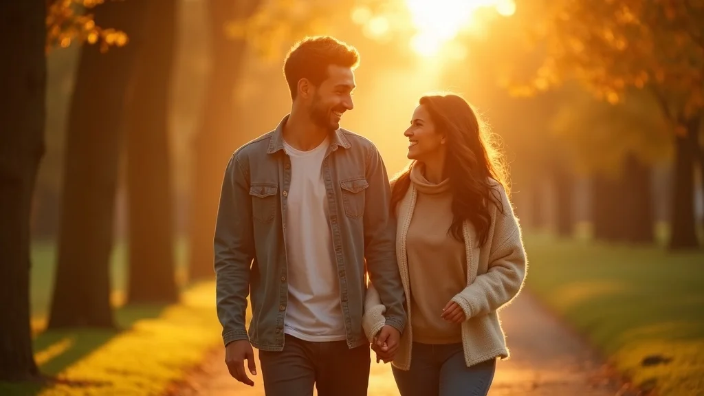 Warm, hopeful neurodiverse couple walking together in a sunlit park, arms linked, soft golden hour light