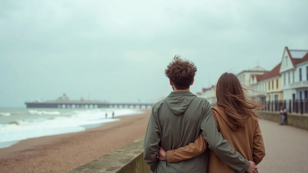 Emotionally aware couple standing on Brighton seafront, looking out to sea, calm colours, wind in hair