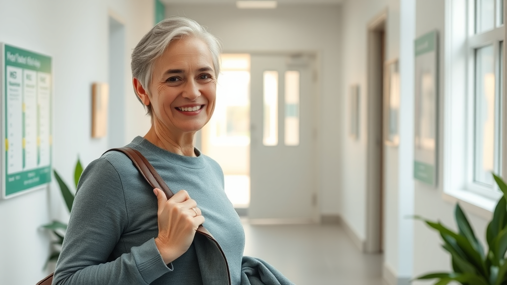 Hopeful adult client leaving a modern UK counselling clinic after a trauma informed mental health service session.