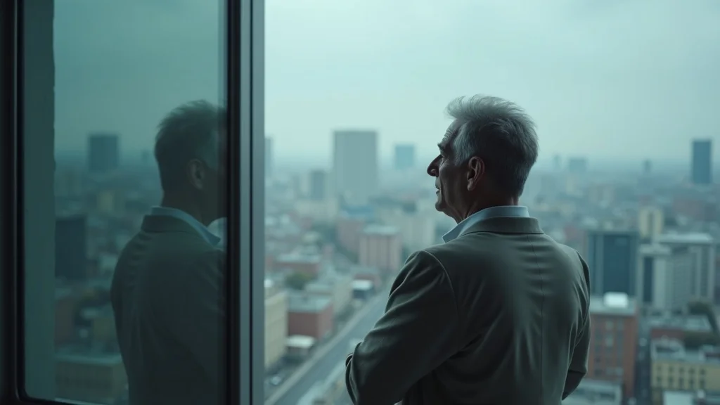Individual reflecting on investment loss trauma overlooking cityscape through window