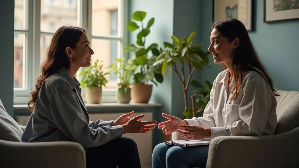 Supportive therapist conducting breadwinner stress counselling with couple – Brighton, warm modern therapy room, empathetic guidance, comfortable seating.