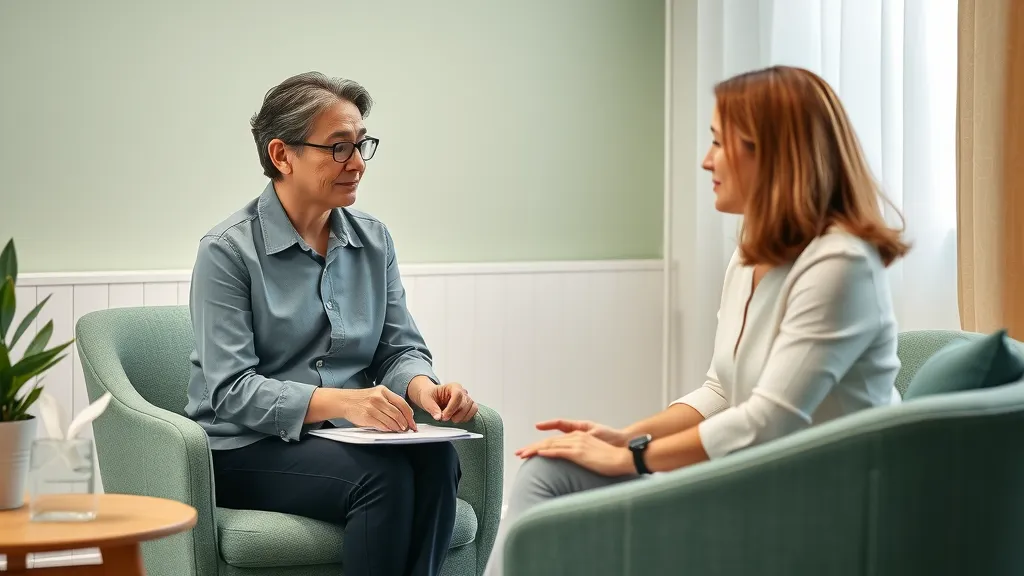 Professional therapist and client during CBT session, focused on modifying patterns related to attachment theory and trauma in a UK counselling office.