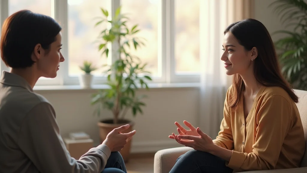 Reassuring counselor and client discussing imposter syndrome in a modern therapy office, warm neutral tones, natural window light