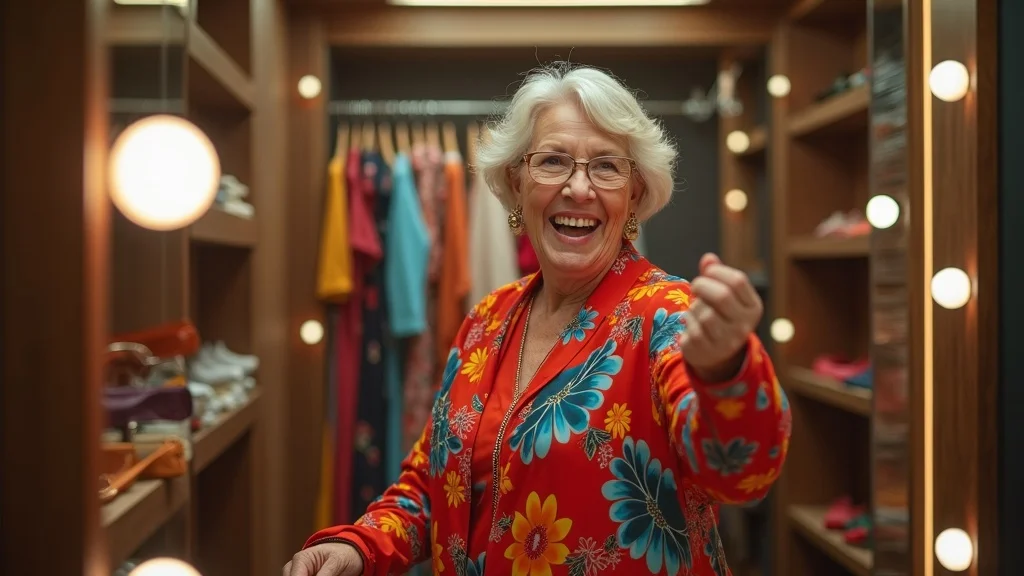 Confident midlife woman selecting colourful fashion pieces for boosting body image