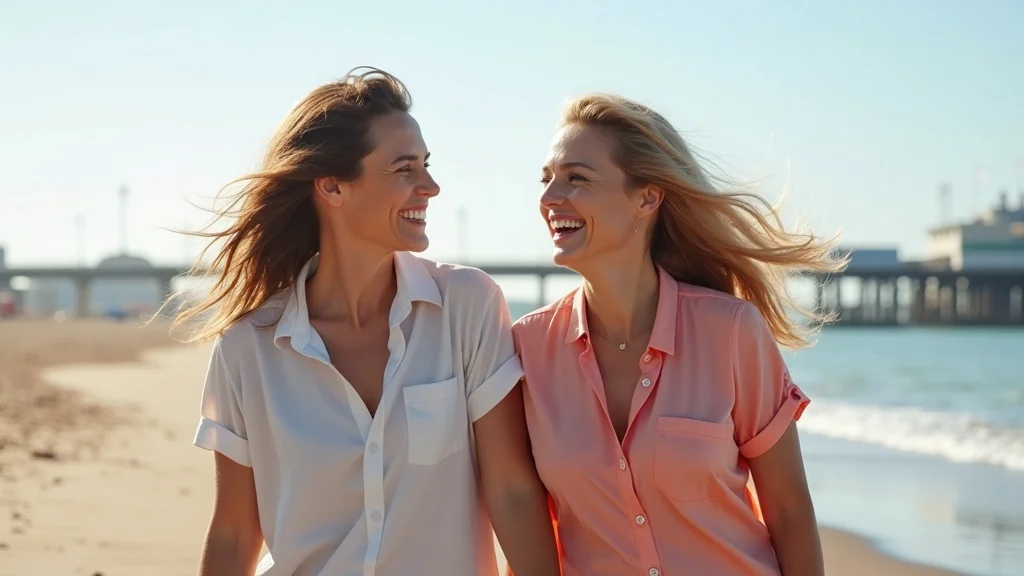 online couples therapy brighton - Authentically joyful couple outdoors in Brighton after therapy, walking together near Brighton Pier and sea, radiant expressions and natural gestures