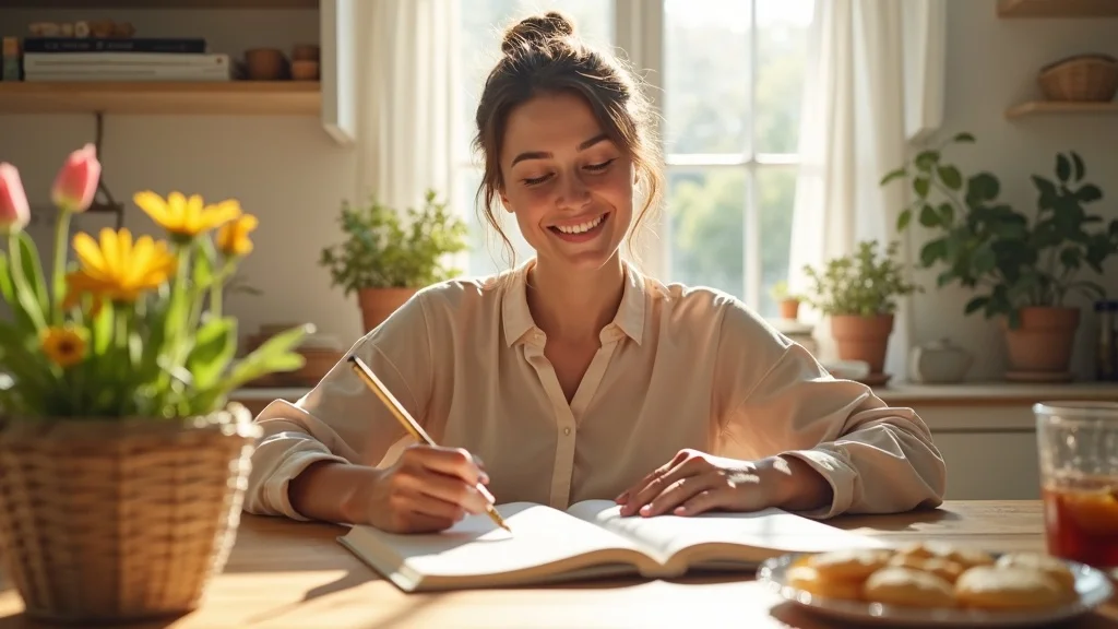 Optimistic adult journaling about self-improvement after using EFT, sitting in a sunlit kitchen with fresh flowers.