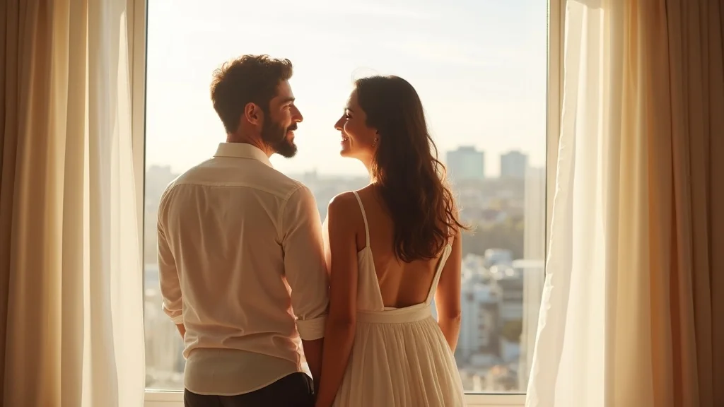 Hopeful, mixed-heritage newlywed couple reflecting after therapy, Brighton window view, gentle morning light.