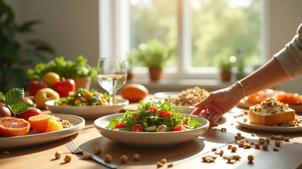 Healthy whole foods on a kitchen table to support metabolism and skin health in midlife