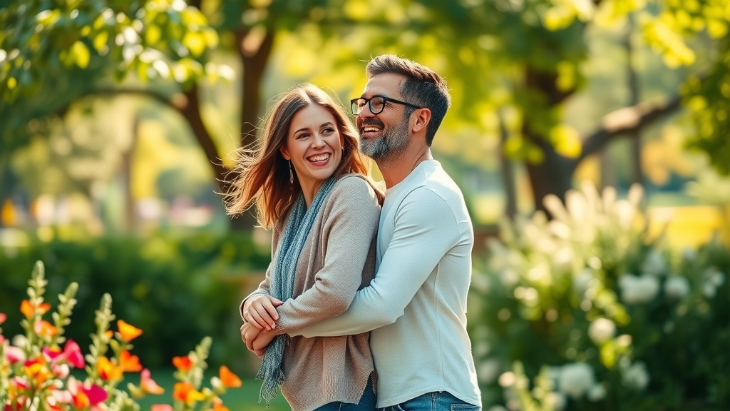 successful trauma-informed healing for couples, UK park embracing and smiling