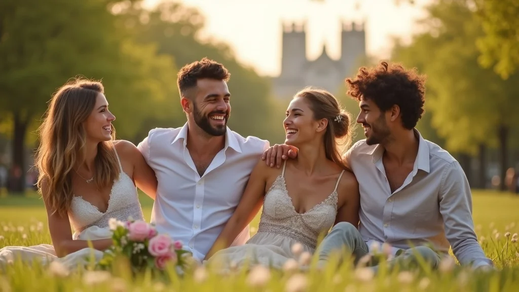 Inclusive group of diverse newlyweds in Brighton park after counselling, gentle and relaxed.