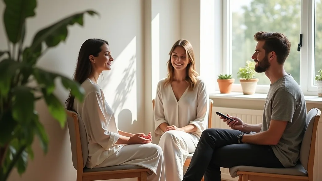 Serene, modern therapy room in Brighton for couples therapy, newlyweds and therapist in gentle conversation.