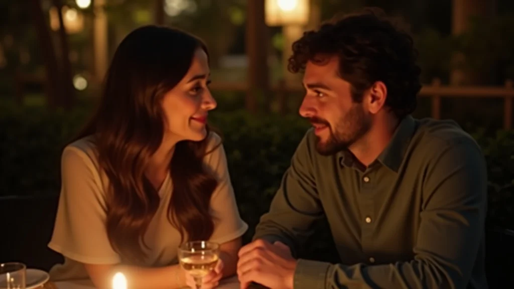 Couple thoughtfully discussing perimenopause support at a dinner table under soft lighting, showing mutual care and discussing menopause symptoms openly.