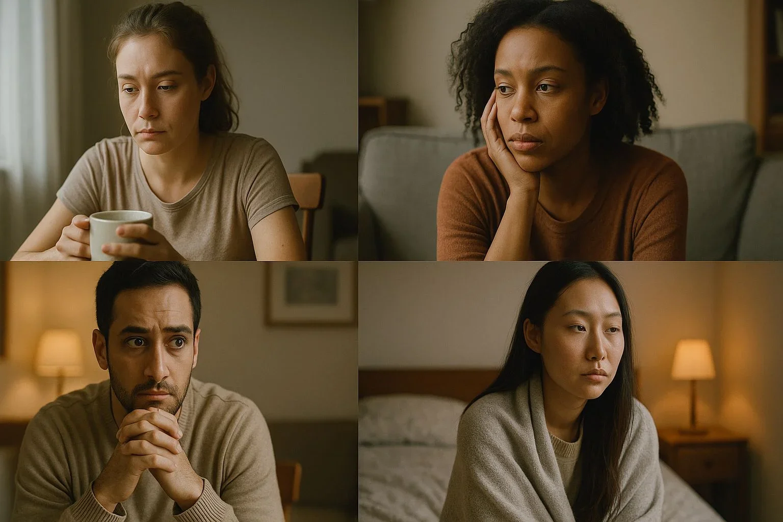symptoms of psychological trauma illustrated by diverse people with anxiety, sadness, alertness, and detachment