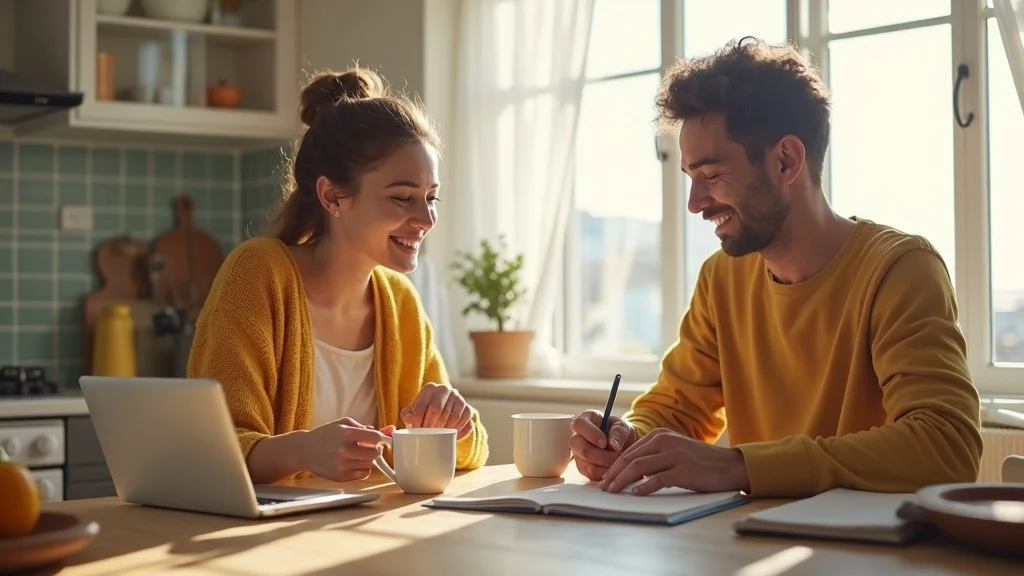 online couples therapy brighton - Happy couple preparing for online therapy in their Brighton kitchen, positive and focused, organising notes and drinks at a tidy table with seaside view