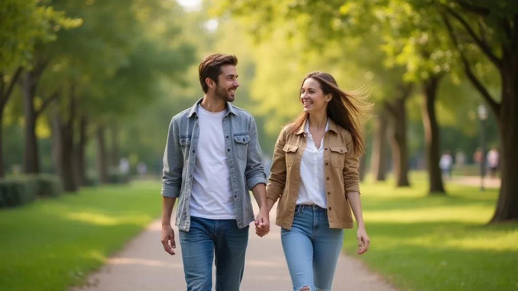 Happy couple walking outdoors after couples therapy, signifying sustained connection, mutual understanding and growth
