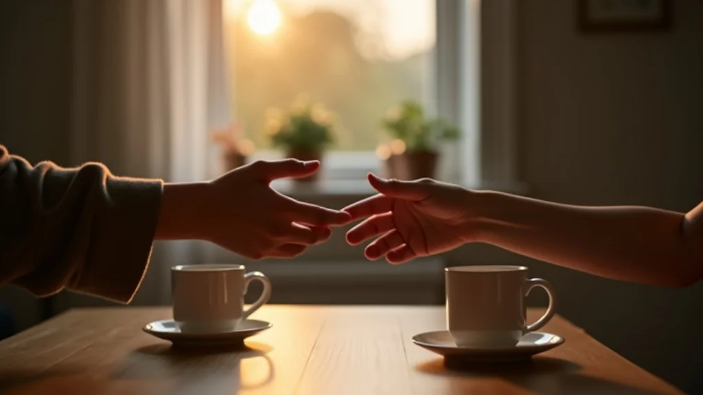 Hands reaching across kitchen table, hope for connection, Brighton flat, warm light
