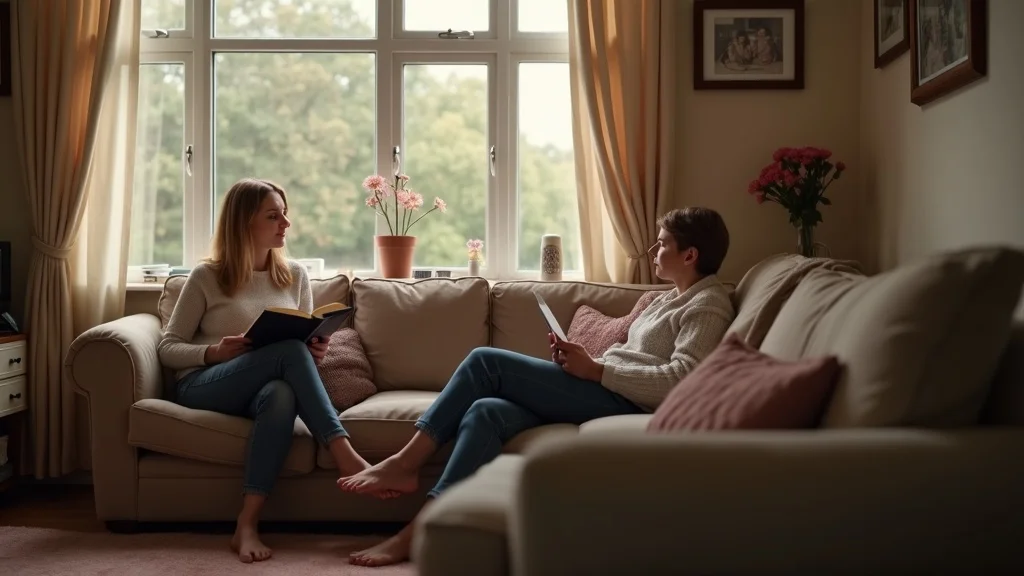 Gentle insight into caregiving dynamics: couple sits in shared space, engaged in separate quiet activities, reflecting on the patterns instilled by prolonged caregiving responsibilities.